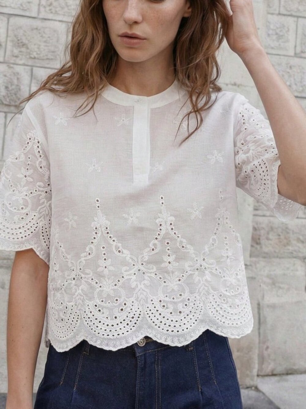 White Casual Women's Off- Embroidered Eyelet Blouse
